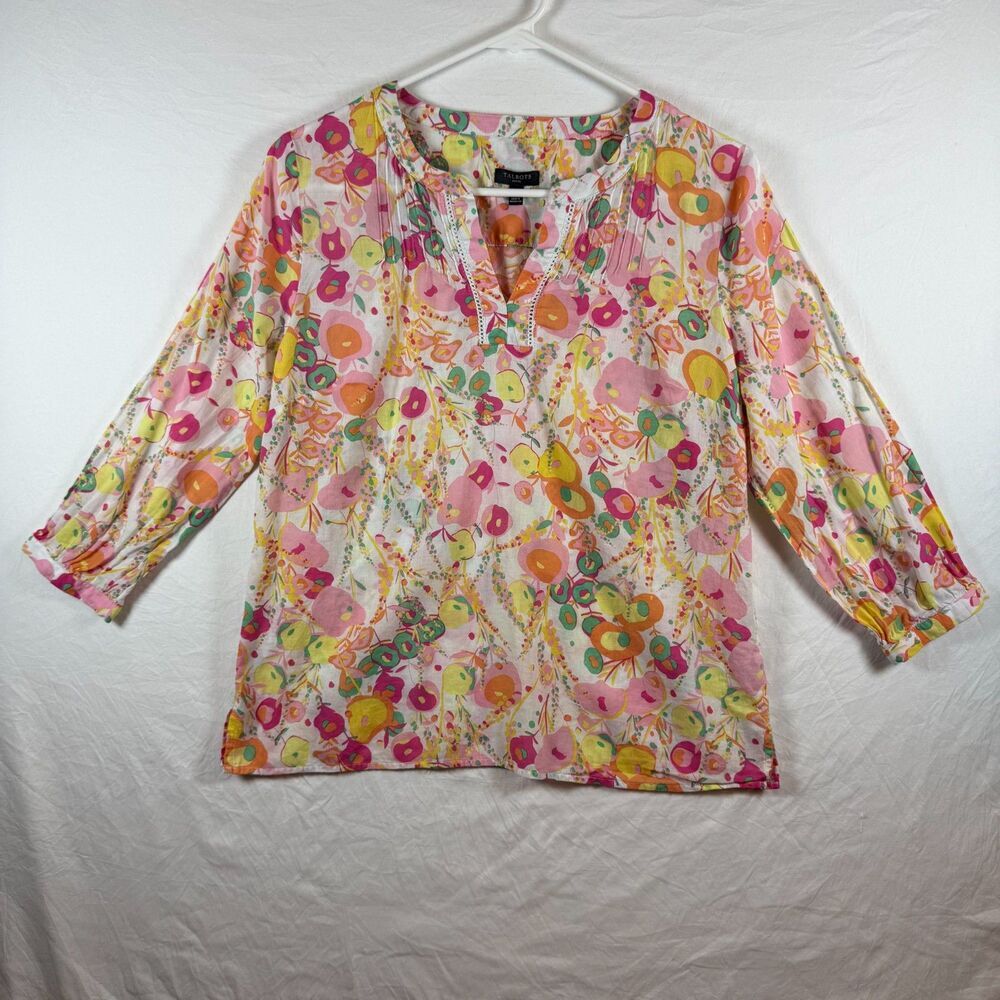 Talbots Petite Abstract Floral Blouse Pink Yellow Sp